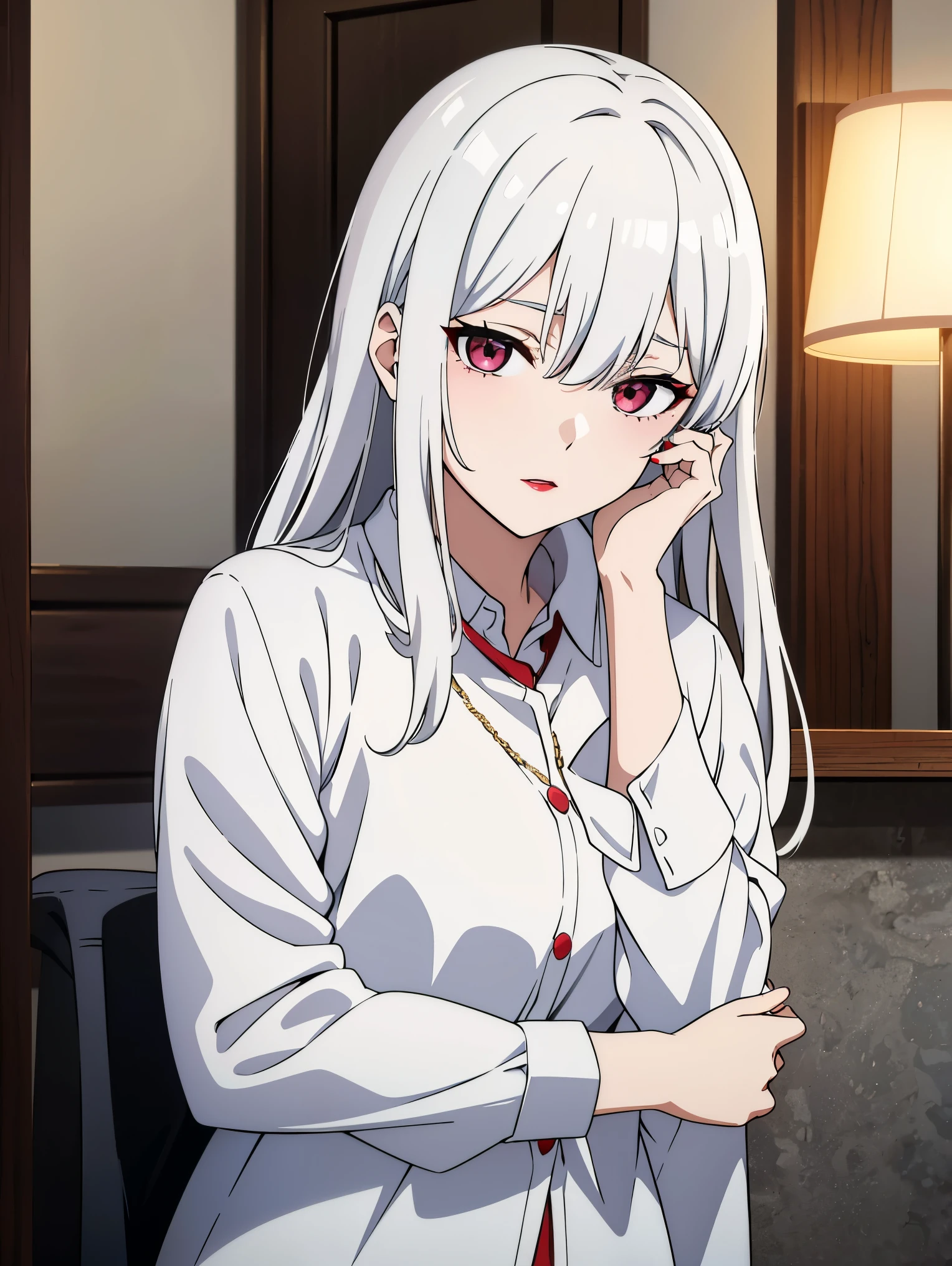 White hair, 1 girl, hoshino ai eyes, red lips, look viewer, masterpiece, 8k, best quality, absurdres, high res, casual shirt, suisei hoshimachi, suisei, anime 2.5D style, v1.0,