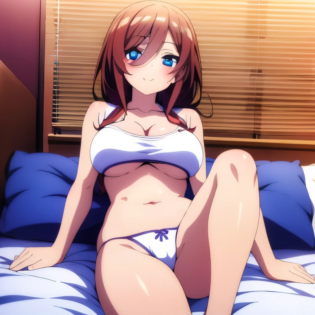 ((masterpiece)), ((best quality)), (ultra-detailed), anime style, on the bed, a cute girl, 1girl, solo, ((beautiful eyes)), smile, underwear00