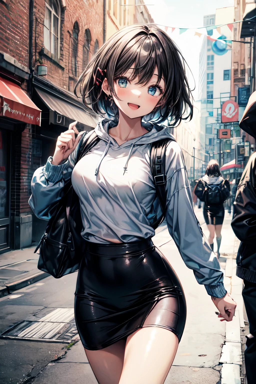 an extremely delicate,
beautiful girl,
break,
8k,
best quality,
masterpiece,
ultra hires,
ultra detailed girl,
super fine illustration,
break,
running, jumping, active pose, dynamic angle,
street,
shiny,
bright,
rim lighting,
break,
1girl,
solo,
college age,
perfect female body,

black hair,
short hair,
bangs hairpin,
asymmetrical bangs,


round face,
PaleTurquoise eyes,
sleepy,
(smile:0.8), open mouth,
medium breasts,


break,

hoodie,
pencil Skirt,
long sleeves,
knapsack,