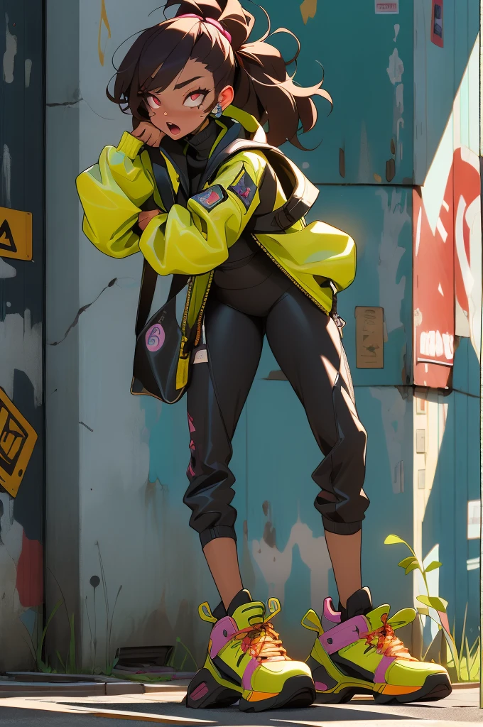 ((long shot, full body: 1.6)), purple: 1.5, orange: 1.1, green: 1.3, White: 1.3, yellow: 1.3, (rapper girl with scary hair, highly detailed eyes and body and beautiful baggy and baggy clothes :1.6), tattoos, (walls with Graffiti: 1.2), flower, Leaves, born in the mist, lines, leaning on the wall with a spray paint in her hand, action pose, 32K.