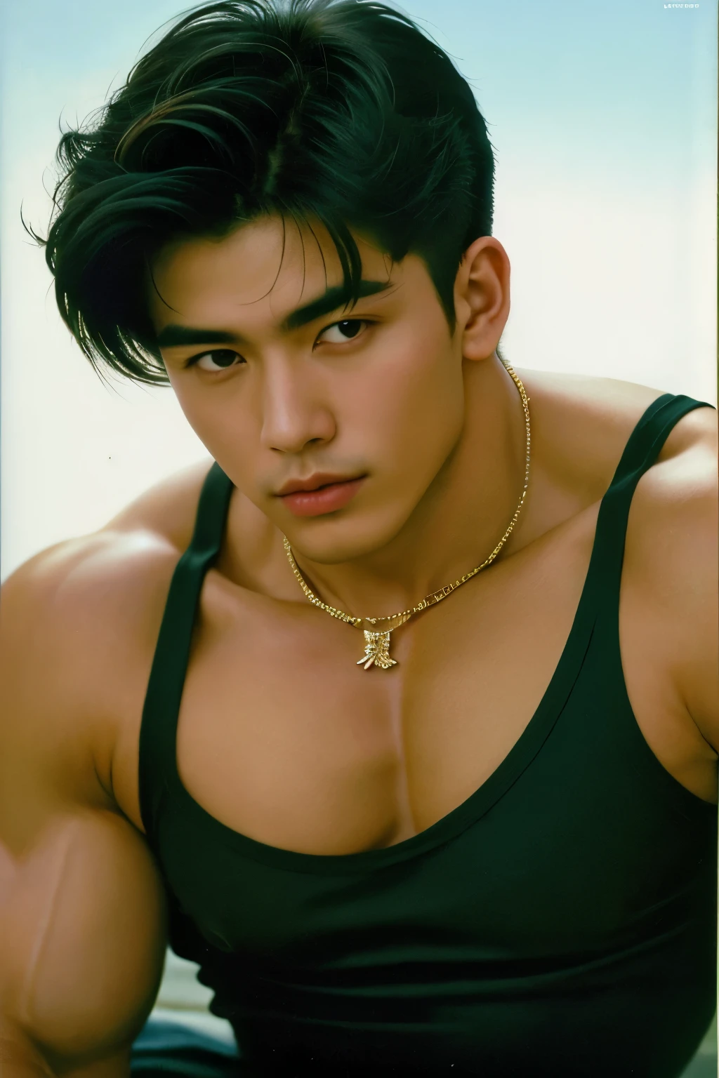 (best quality,ultra-detailed,high resolution,masterpiece:1.2),detailed portrait of a man with extraordinary physique,(realistic,photo-realistic:1.37),epic scene,dark aeshtetic,Japanese artist Rumiko's interpretation of 90s and 80s retro style,fine brushwork,evocative atmosphere,moody lighting,strong contrast, vivid colors,multiple focus points,impeccable attention to facial features and musculature,seamless blending of traditional and contemporary influences,expressive eyes and lips,captivating gaze,impressive body proportions,intricately crafted clothing inspired by the 90s and 80s fashion,confident and charismatic posture,memorable and nostalgic flair.
