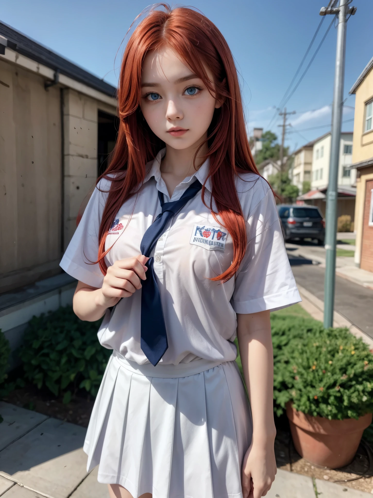 Hot girl, red hair, blue eyes, school clothes