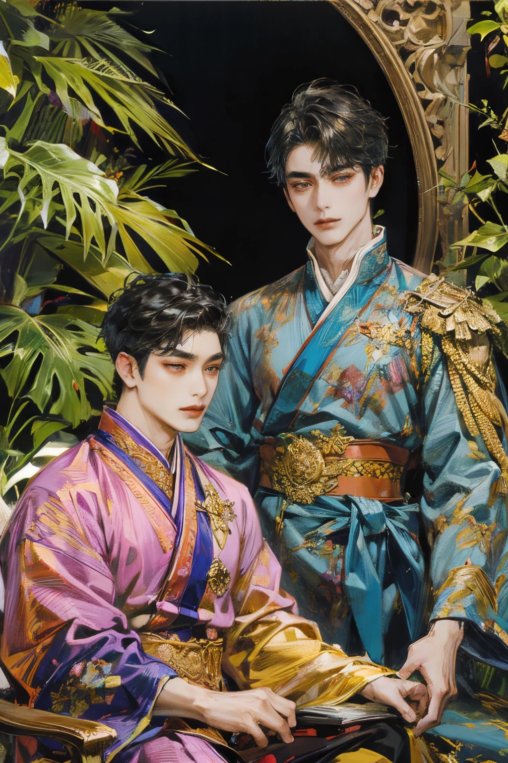 Two adult Asian men in prince fantasy outfits, in a beautiful garden