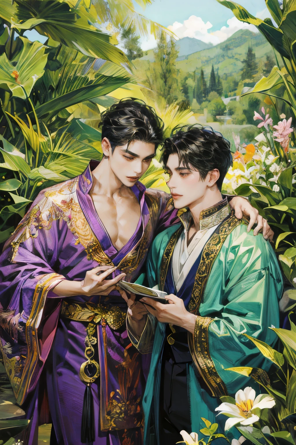 Two adult Asian men in prince fantasy outfits, in a beautiful garden