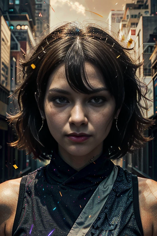 best quality,4k,8k,highres,masterpiece:1.2,ultra-detailed,realistic:1.37,HDR,UHD,studio lighting,ultra-fine painting,sharp focus,physically-based rendering,extreme detail description,professional,dynamic angle, high octane action,dynamic pose, joy expression, (A persona user, accompanied by their guardian spirit, stands in a vibrant and bustling city. The persona user, dressed in stylish and unique attire, exudes confidence and determination. The persona user stands tall, projecting an aura of strength and power.), (Beside the persona user, their guardian spirit manifests in the form of a Yokai, a supernatural creature known for its mystical abilities. With intricate details and vibrant colors, the Yokai emanates an otherworldly presence. It serves as a visual representation of the persona user's inner self, both a protector and a source of power.), (Surrounding the persona user and the Yokai, the cityscape comes alive with bustling streets, vibrant signs, and towering skyscrapers. The city is bathed in the hues of sunset, casting a warm and mysterious glow over the scene. The lights from the city create an enchanting ambiance, highlighting the contrast between the modern metropolis and the fantastical elements of the persona user and the Yokai.), (In terms of art style, the image is brought to life with bold lines, dynamic poses, and a unique blend of realism and fantasy. The art style seamlessly integrates the supernatural elements with the urban setting, creating a visually striking composition.), (The lighting in the image is carefully crafted to enhance the atmosphere and mood. Soft, diffused light illuminates the persona user's face, accentuating their features and adding a touch of mystery. The cityscape is bathed in golden hues, creating a warm and inviting ambiance that contrasts with the supernatural elements of the scene.)