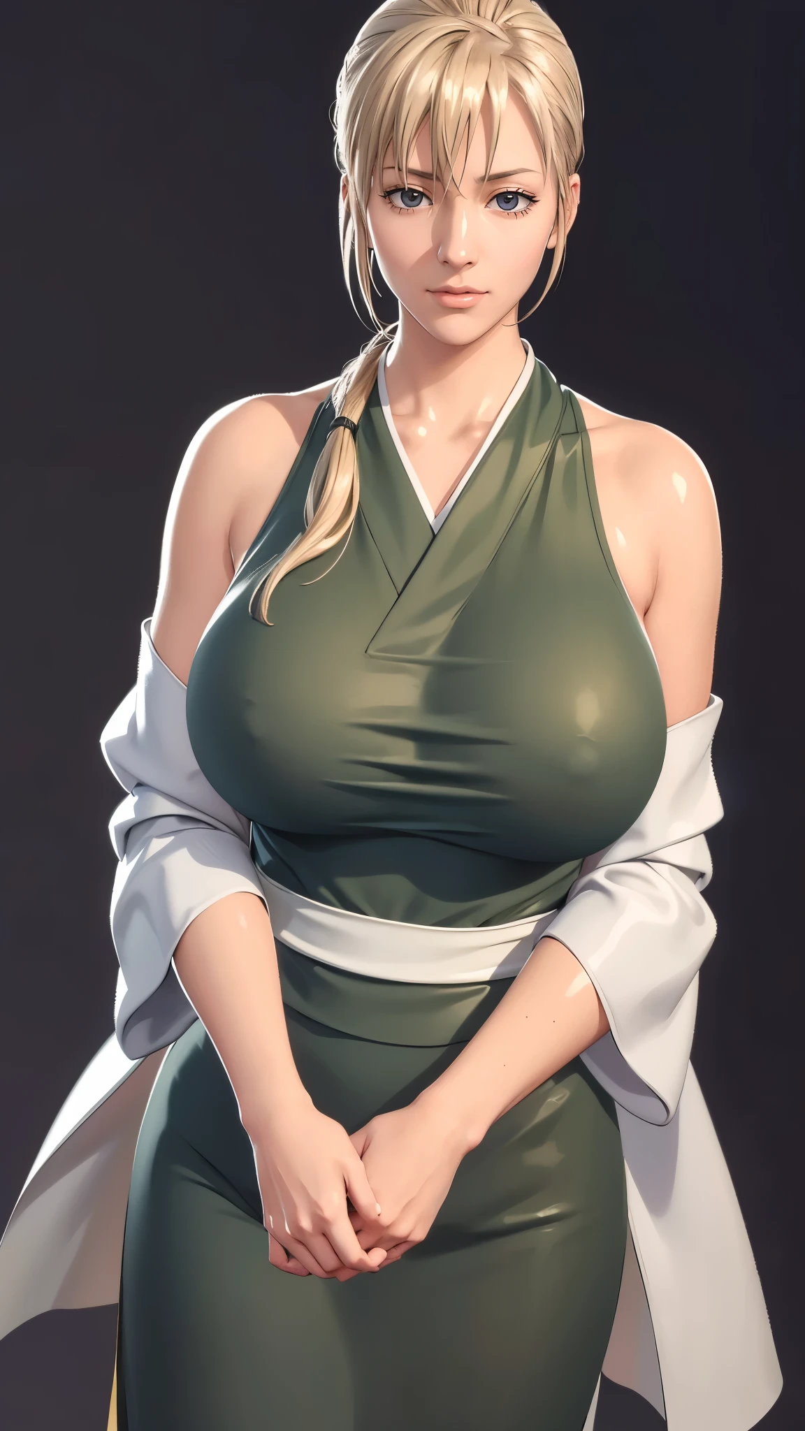 (((完美figure,figure,solo, (((White kimono, green apron))),(((nishiki_ikumatsu,long hair, blonde hair, Blue black pupil color, hair tied in a bundle at the end))),((masterpiece)),high resolution, ((Best quality at best)),masterpiece,quality,Best quality,((( Exquisite facial features,Looking at the audience,There is light in the eyes,(((Smile))),))),型figure:1.7))),(((Light and shadow,Huge breasts))),(((Looking at the camera,black background,)))
