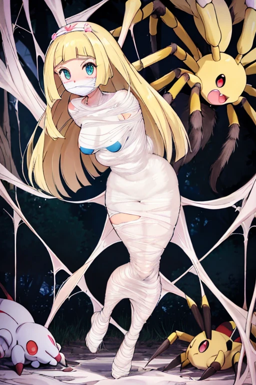 masterpiece, best quality, length hair, blonde hair, 1girl, solo, looking at viewer, lillie(Pokemon),  (arms behind back:1.4), hanging,spiders in the web,long spider, desperate，struggle, entangled, scared face, despair, cocoon, gag, silk gag, full body cocooned