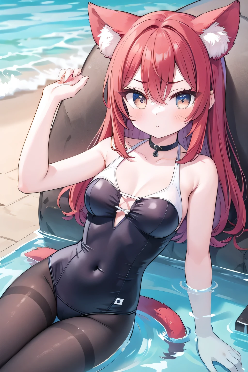 1 Girl，swimsuit，Tights，Red hair，Double tail，The eyes are disdainful，Side-lying