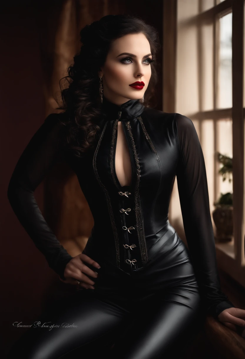 T. ((best quality)), ((Meisterwerk)), (detailed), perfektes Gesicht, Woman, Perfect Body, pale skin, European, Makeup, big eyes, red lips, small nose, beautiful face, horny face, cute face, black hair, curly hair, long hair, black boots, black corset, black latex catsuit, seductive pose, bed, warm light