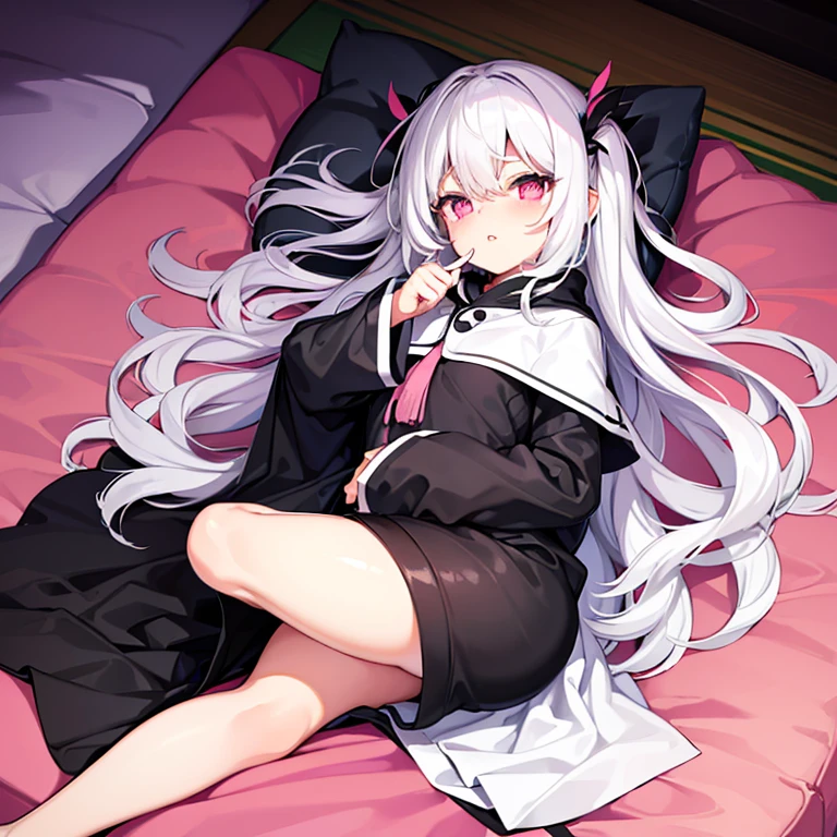 Super high quality, super high quality, super good, two-tone black and white hair, pink eyes, pursed lips, cute, futon, covered with a futon, wrapped in a futon, hiding under a futon, wrapped in a blanket, blanketed, bed, upturned eyes