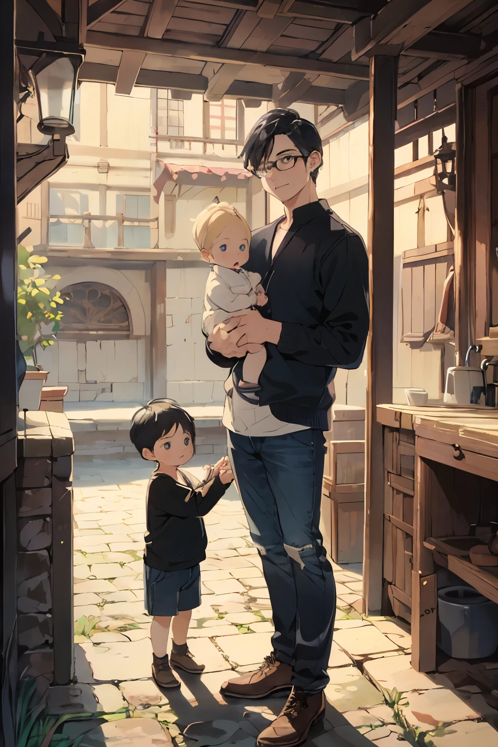 Family 1 man with glasses black hair 1 woman blond hair 1 child boy 1 child 1 baby boy