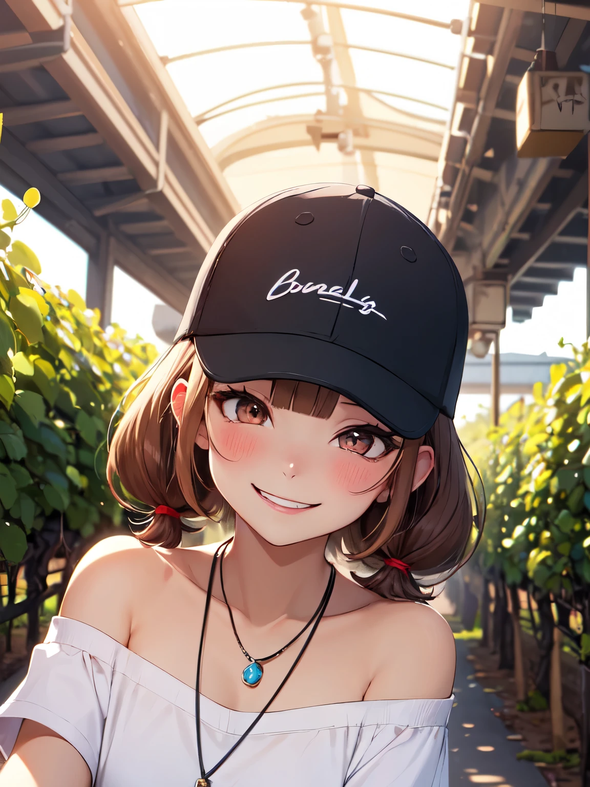 (absurdres:1.2), (masterpiece:1.0), (magnificent view:1.2), (France travel:1.5), (vineyard:1.2), (8k:1.1), (long shot:1.0), (cinematic lighting:1.1),(wine bottles:1.4), (detailed young street gyaru:1.1), (detailed luxury necklaces:1.1), (off shoulder oversized T-shirt:1.2), (black baseball cap:1.1), (bown color short twin tail hair:1.3), (blush, perfect, proudly, troublesome smiling face:1.3), (detailed brown eyes:1.1), (Forehead:1.0), (blunt bangs:1.1), (selfee posing:1.1)