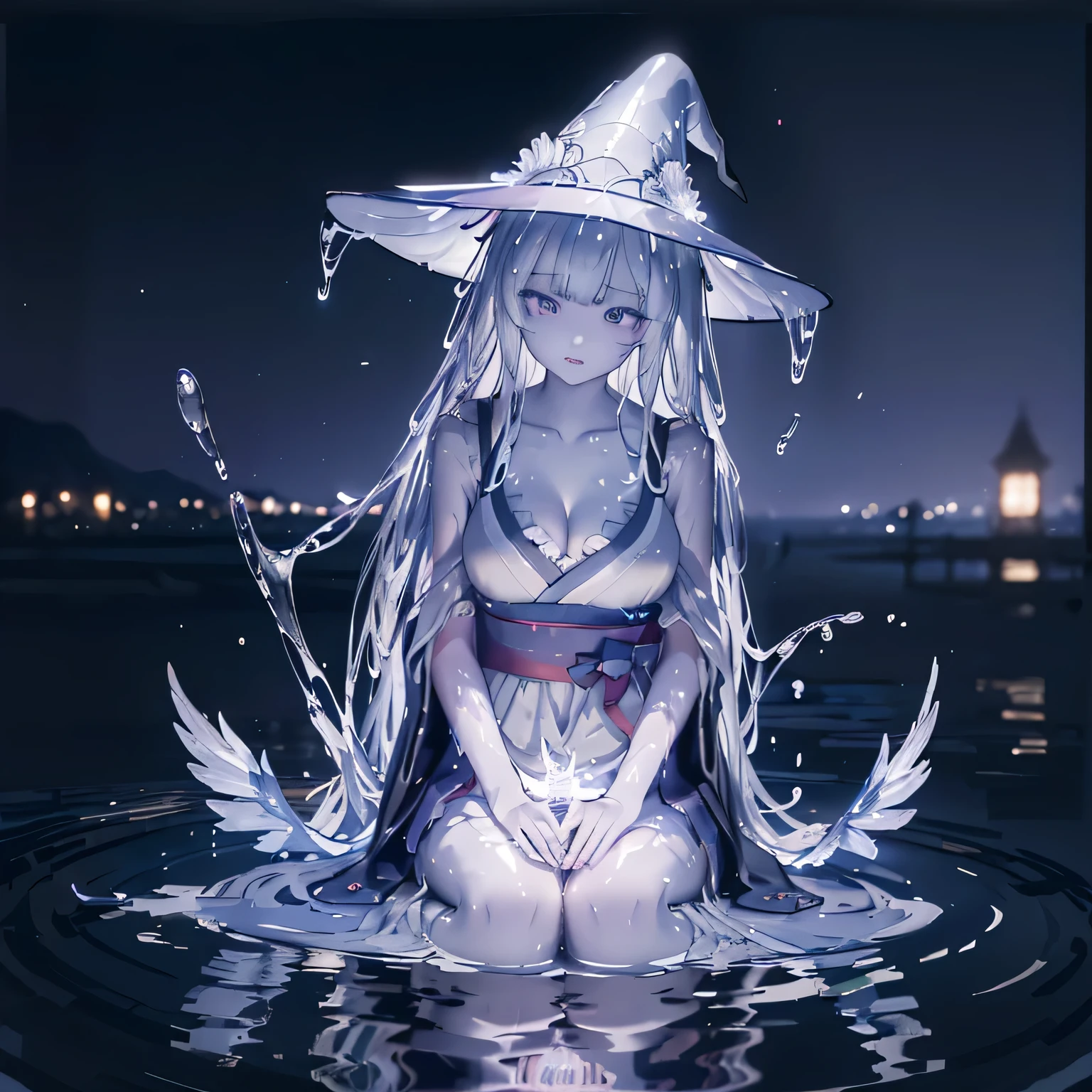 (masterpiece:1.2), highest quality, (figure:1.2), (Super detailed), Hyper Details, (Delicate), (Intricate details), (Cinematic Light, highest quality Backlights), Delete a row, soloist, Perfect body, (1 girl),kimono、visualize (((Witch of the Water Spirit from Another World))) Flowing, (((Long Hair))), soft like air, A shining aura (((Calm, Quiet Lake))), Capturing the Mystery and Wonder of Mist., (compensate), High Contrast, (Better lighting, Very creative and beautiful), (Cinematic Light), flashy,