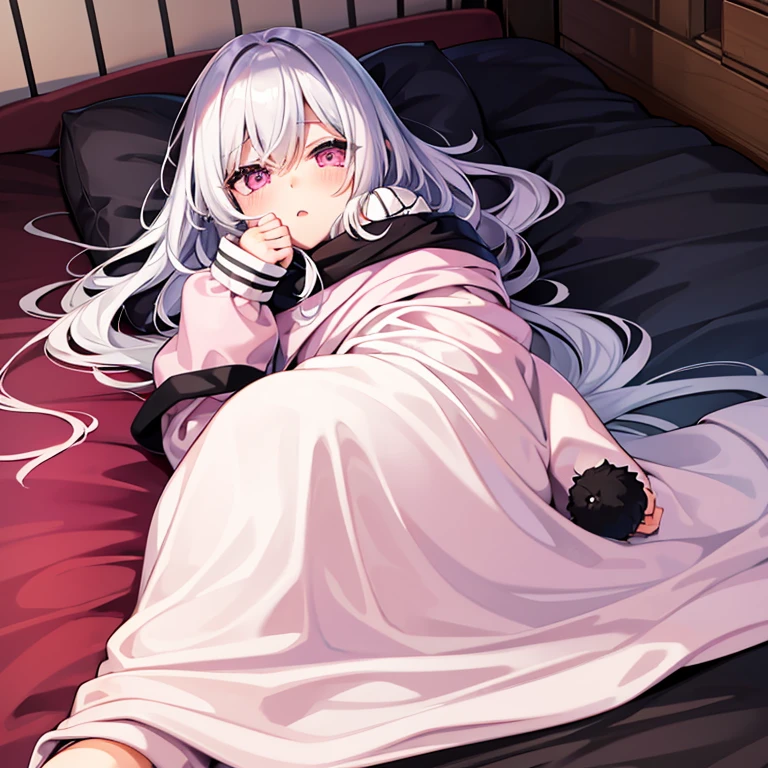 Super high quality, super high quality, super good, two-tone black and white hair, pink eyes, pursed lips, cute, futon, covered with a futon, wrapped in a futon, hiding under a futon, wrapped in a blanket, blanketed, bed, upturned eyes,futon、futonを被っている、futonに包まっている、futonに隠れている,Wrapped in a blanket、Covered with a blanket