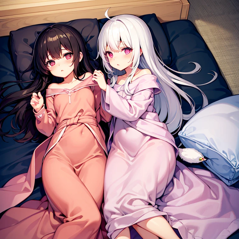 Super high quality, super high quality, super good, two-tone black and white hair, pink eyes, pursed lips, cute, futon, covered with a futon, wrapped in a futon, hiding under a futon, wrapped in a blanket, blanketed, bed, upturned eyes,futon、futonを被っている、futonに包まっている、futonに隠れている,Wrapped in a blanket、Covered with a blanket