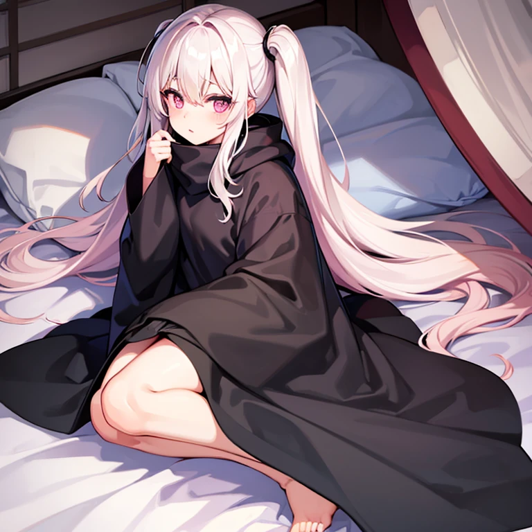 Super high quality, super high quality, super good, two-tone black and white hair, pink eyes, pursed lips, cute, futon, covered with a futon, wrapped in a futon, hiding under a futon, wrapped in a blanket, blanketed, bed, upturned eyes,futon、futonを被っている、futonに包まっている、futonに隠れている,Wrapped in a blanket、Covered with a blanket