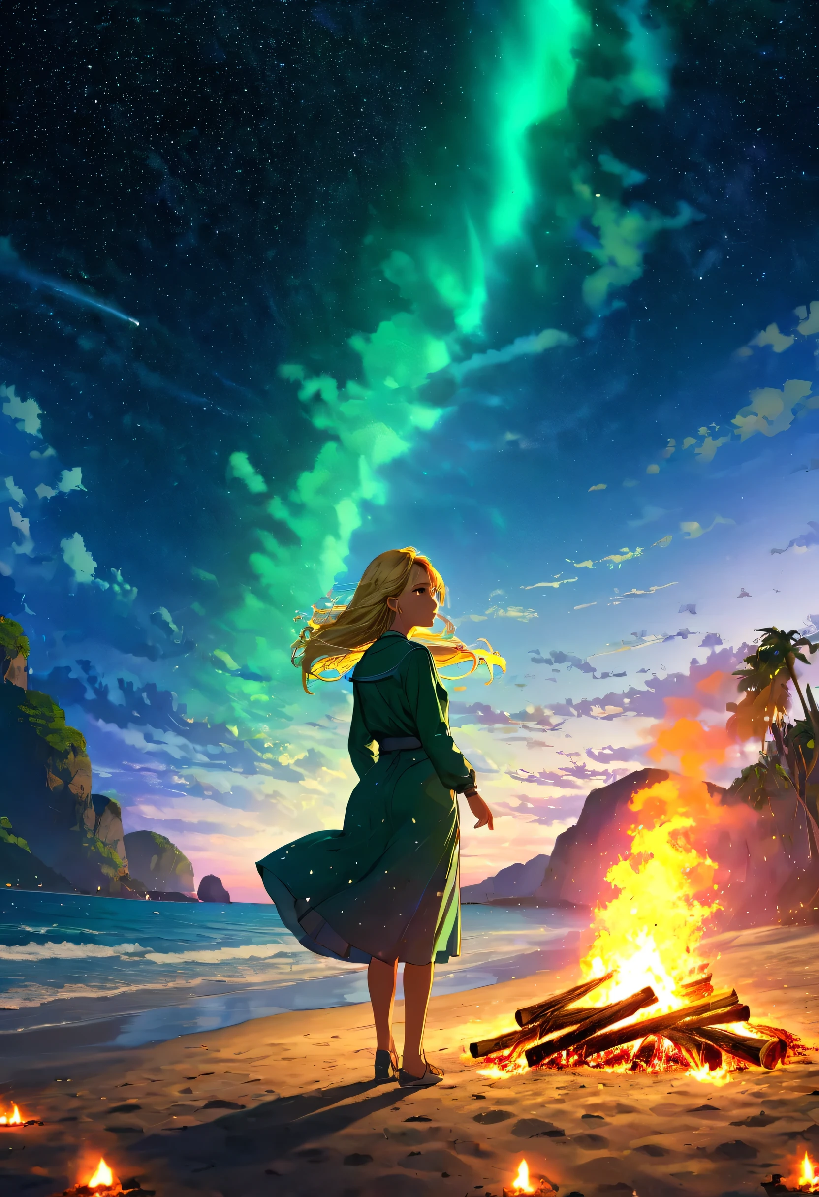 In this scene, a stunning woman, approximately 45 years old, stands proudly before a vast expanse of emerald ocean. the beach at night, stars shining in a clear celestial blue, a starry night. She's blonde, with slightly curled hair pulled back, gazing at the ocean with melancholy, a cigarette between her fingers, exhaling a breath of rainbow colors as if her creativity were escaping with that breath. We can see the melancholic look in her eyes, as if asking herself, 'What am I doing here?' In the background, friends dance around the bonfire, a little distant from her, creating a scene with depth, a masterpiece. 8K, detailed.