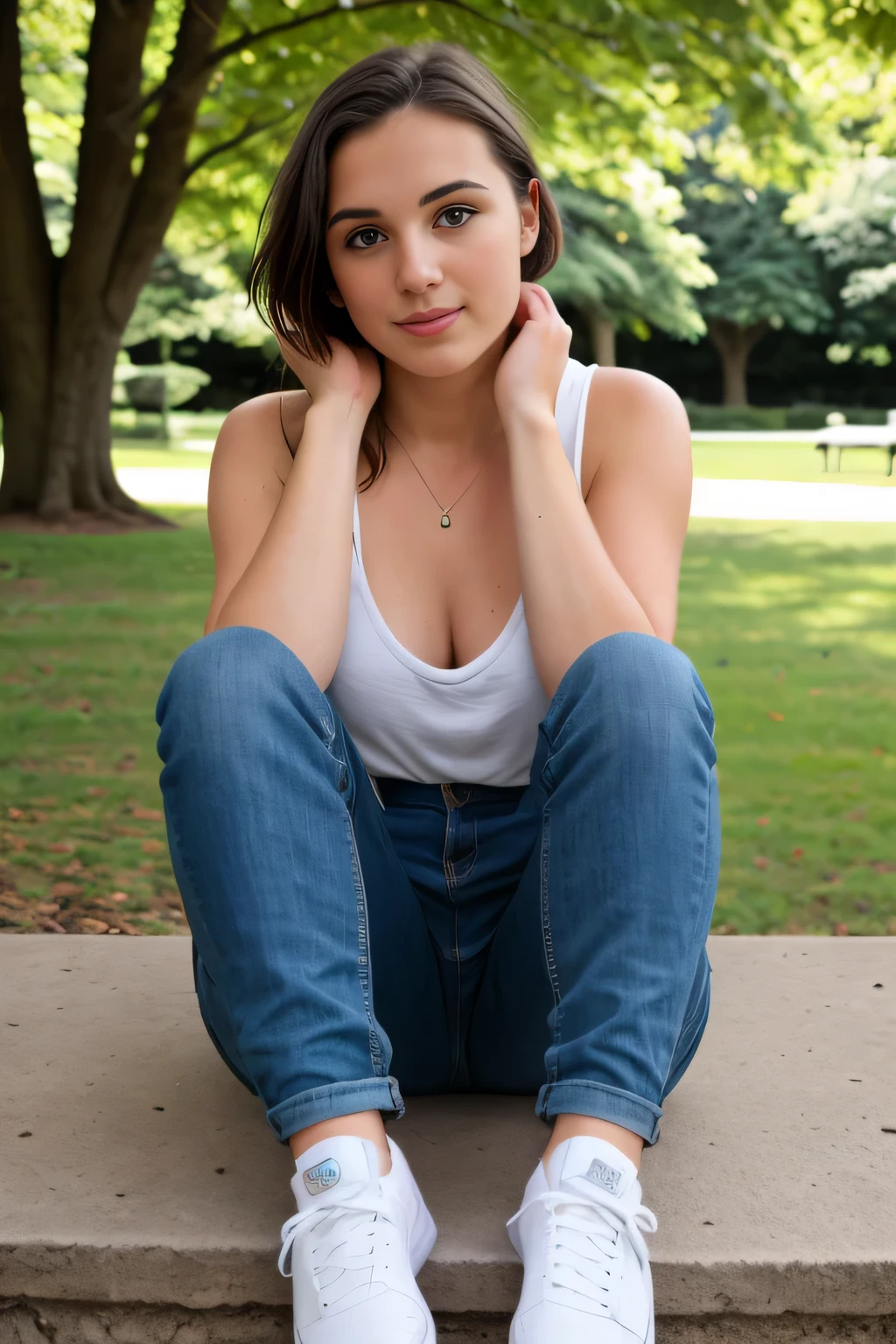 8k uhd, dslr, high quality , RAW photo, Photography ,Fujifilm XT3, Canon R5, Beautiful Female Short hair , park ,Amateur , sitting with knees up