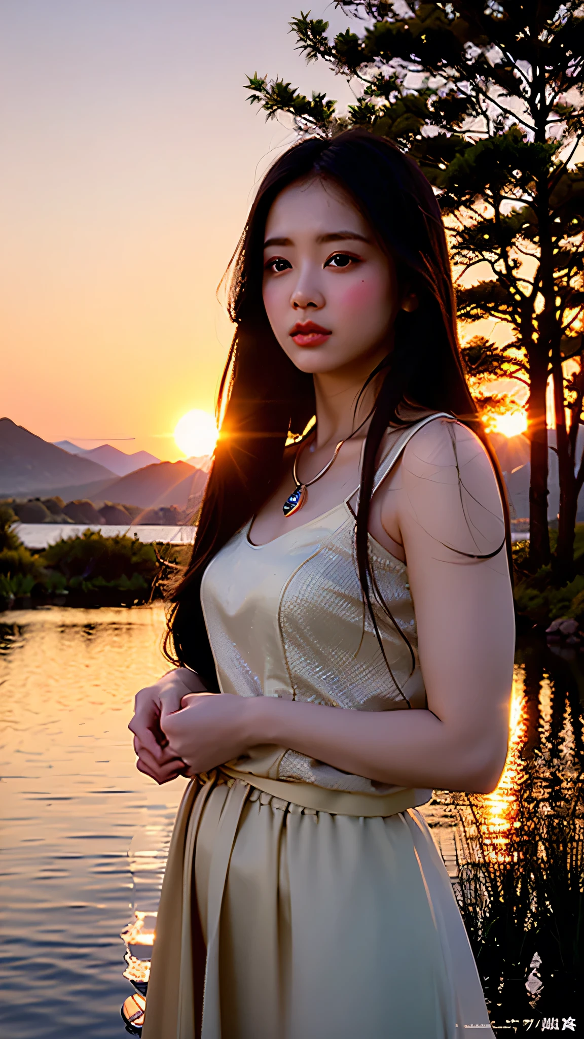 1 girl, serene expression, mesmerizing eyes, straight long hair, flowing dress, poised posture, porcelain skin, subtle blush, crystal pendant
BREAK
golden hour, (rim lighting):1.2, warm tones, sun flare, soft shadows, vibrant colors, painterly effect, dreamy atmosphere
BREAK
scenic lake, distant mountains, willow tree, calm water, reflection, sunlit clouds, peaceful ambiance, idyllic sunset, ultra detailed, official art, unity 8k wallpaper
, zentangle, mandala