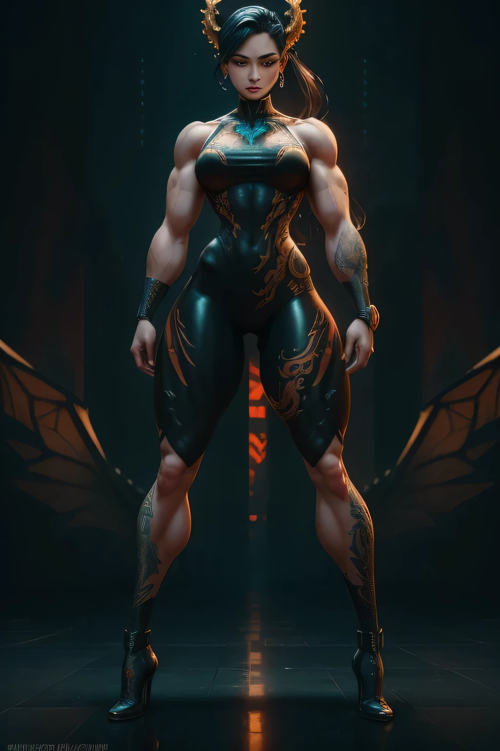 Brutalism meets Muscle Aesthetics in this stunning 3D digital art piece. The beautiful woman, with ultra-detailed dragon patterns running down her long legs, exudes a fierce artisanal sensibility. Her realistic style body showcases her strength and power. The colorful light creates a sharp contrast, highlighting every curve and contour. With her fierce, piercing eyes, she stands out as the game's protagonist, perfect for a movie cover or HD wallpapers. The background showcases a chaotic war scene, adding to the piece's aesthetic value while the embroidery pattern adds a touch of intricacy. The picture quality is clear, with clear lines and an