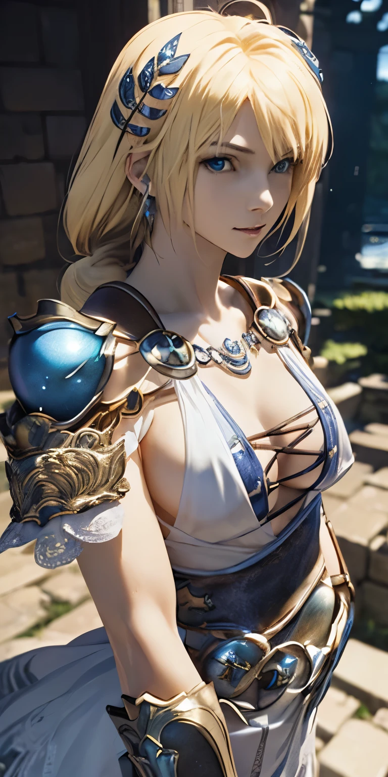 (masterpiece, best quality:1.3), (final fantasy artwork concept:1.5), Sophitia Alexandra, Soul Calibur, (upper body:1.5), anime, intricate detail, japanese style, 28 years old, look at viewer, gold hair, braid hair, (evil look:1.5), (covering chest by hands:1.5), (ruins blessed by the god Hephaestus, filled with a mystical air, beautiful stars spread out in a mysterious arrangement in the dark midnight:1.2),