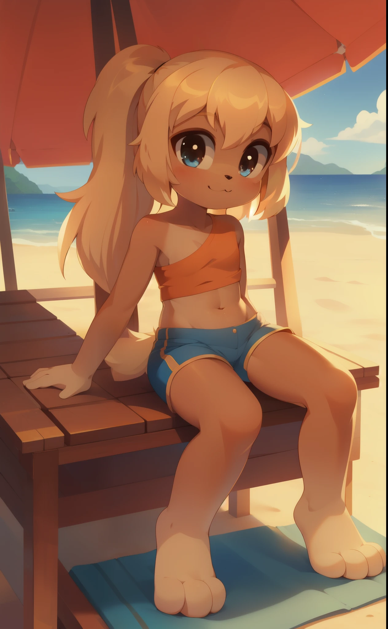 Lilotte, ouginak, blonde hair, long hair, ponytail, furry female, young, brown body fur, small breasts, ((orange shirt, one shoulder, midriff, blue shorts)), detailed body fur, detailed face, detailed eyes, glistering body, shiny body, gorgeous body, masterpiece, full body, feets with three toes, 3 toes, sit on beach chair, beach, clear sky, full body, :3, athletic body, looking at you,