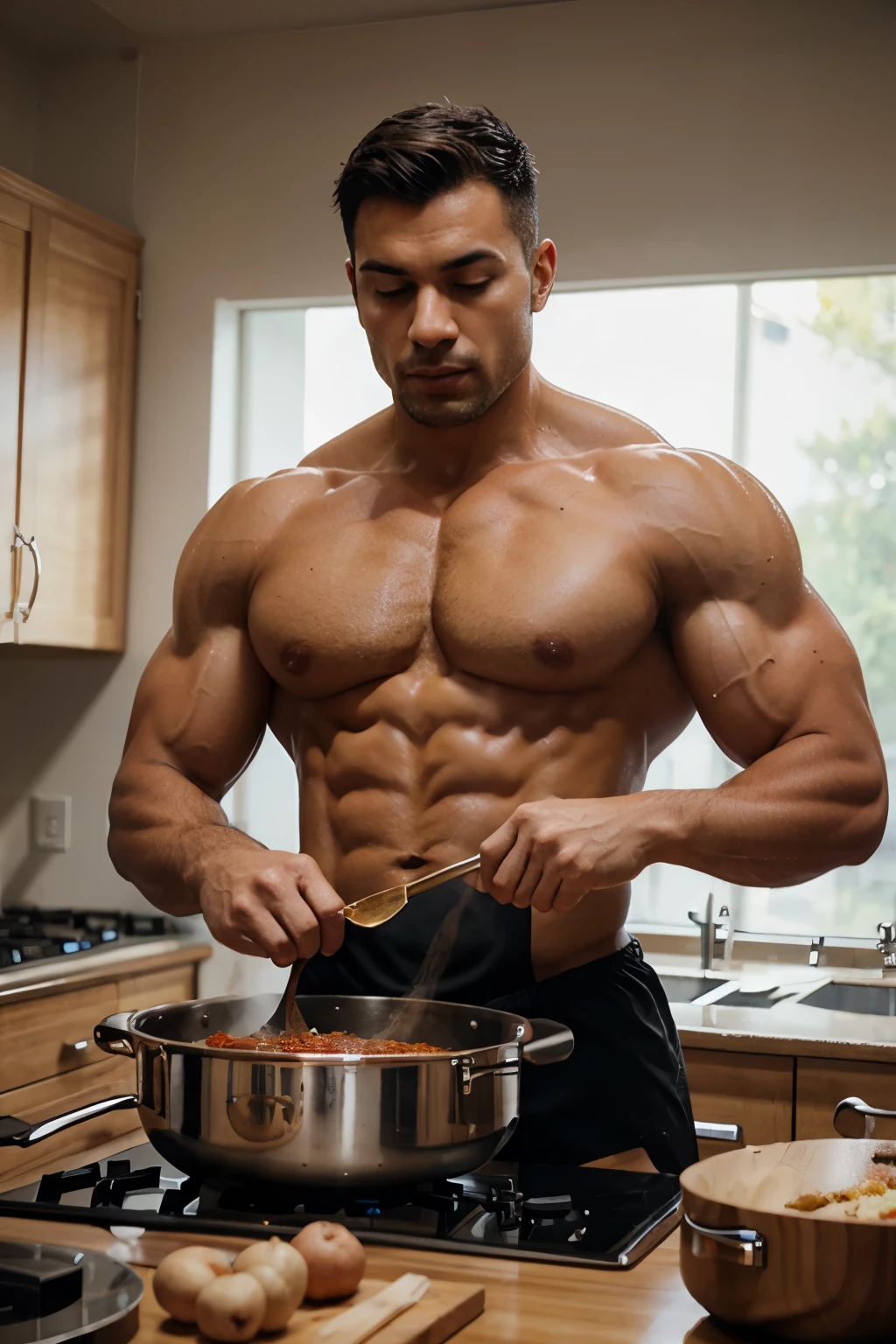 create a image of a bodybuilder cooking