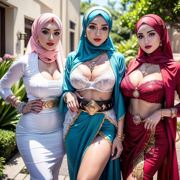 Group of Malaysian girls wearing sexy bellydancer whit hijab, denim, javanese, (((hijabi))), cleavage, reflection light, chiaroscuro, depth of field, cinematic lighting, ray tracing, Sony FE GM, UHD, super detail, masterpiece, textured skin, high details, best quality, award winning，3D,hdr（HighDynamicRange）,Ray tracing,NVIDIA RTX,Hyper-Resolution,Unreal 5,Subsurface scattering、PBR Texture、post-proces、Anisotropy Filtering、depth of fieldaximum definition and sharpnesany-Layer Textures、Albedo e mapas Speculares、Surface coloring、Accurate simulation octane rendering of light-material interactions、Two-colored light、largeaperture、Low ISO、White balance、the rule of thirds、8K raw data, urban transformation. Art by Mschiffer (((Sexy smile))), (((Full body model pose))) (((Red lips))) (((wearing a Sexy belt design by LV))) bride very fit physique (38D breast:1.3) , (((Woman with hijab style, modern hijan)), (lace stockings), (((Wearing: diamond necklace and earrings))). RAW photo, full sharp, detailed face (high detailed skin:1.2), 8k uhd, dslr, soft lighting, high quality, film grain, Fujifilm XT3, (extremely beautiful face, sexy lips, beautiful red lips, Clear eyes, beautiful eyes), (big green eyes), pretty girl, face forward, intricate detail face, ((ultra detailed skin)) (skin texture, film grain), Detailed beautiful face, natural tpose, natural facial expression, (((Straight breasts))), Surreal full-body figure, Beautiful and delicate body and face, gorgeous figure, ssmile, Titillating，Surreal full-body figure，Beautiful and detailed body and face, Super vista, White skin of the, vivd colour,🔥8k, masterpiece, RAW photo, best quality, (18k detail:1.2), photorealistic, extremely, deep shadow, earrings, bracelets, necklace,