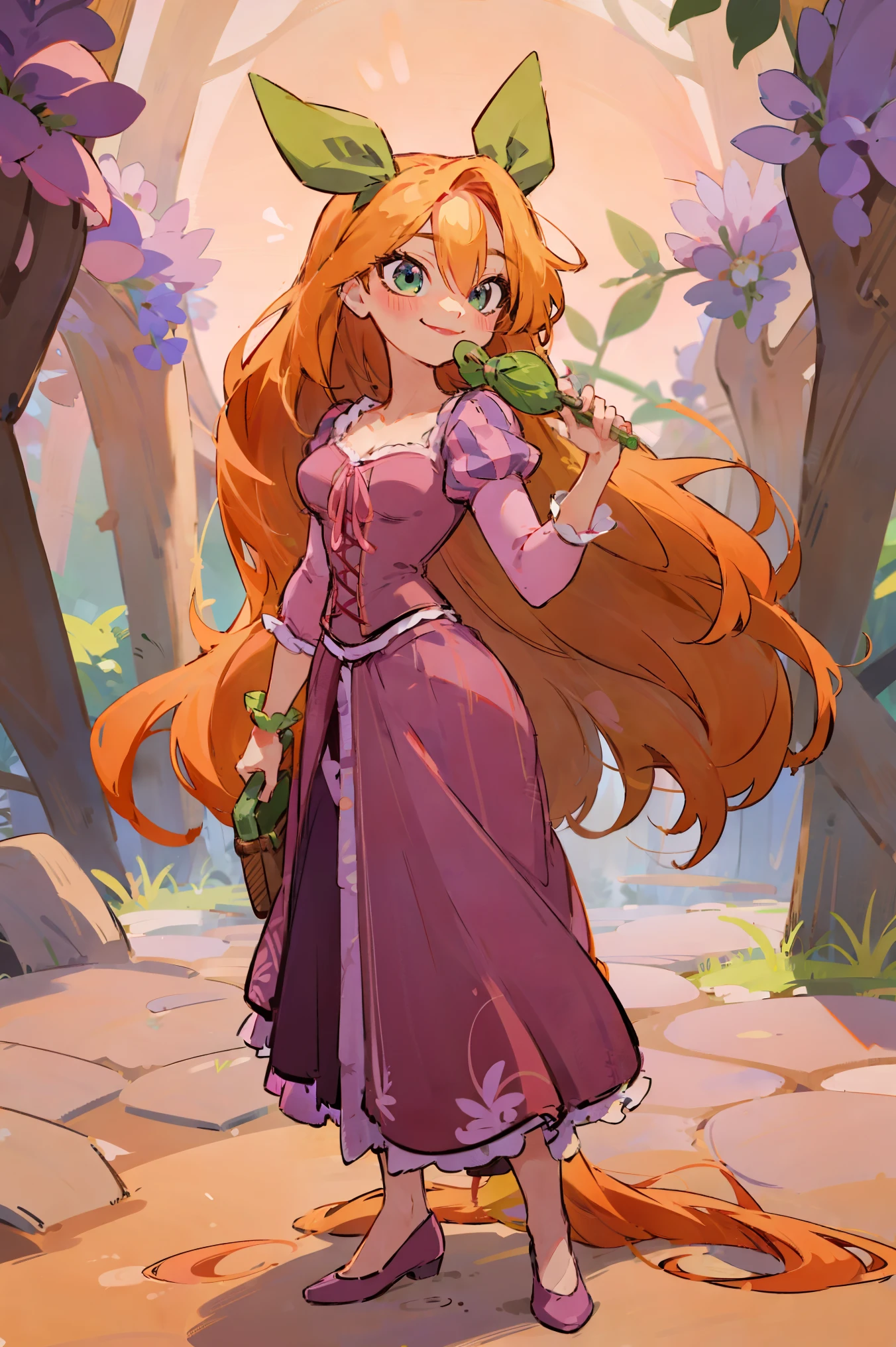HAIR RIBBON, Fusion between Rapunzel from disney and Yotsuba Nakano, yotsuba nakano wearing rapunzel's dress, long long orange hair, red hair, pink hair, orange hair, extremely long hair, bangs, hair between eyes, green ribbon on hair, hair ribbon, blue eyes, athletic, muscular, purple rapunzel dress, Purple and pink Dirndl dress, lavender corset top, laced with a pink ribbon, long purple skirt decorated with swirl designs, in pink, dark purple and white, sleeves puffed and striped (pink and lavender), playful smile, smiling, cute, lovely, lovely expression, simply nature magical background, full body, standing up, good fusion, excellent character design, masterpiece, 4k, perfect anatomy, perfect face, perfect eyes, 1girl, solo, full body,