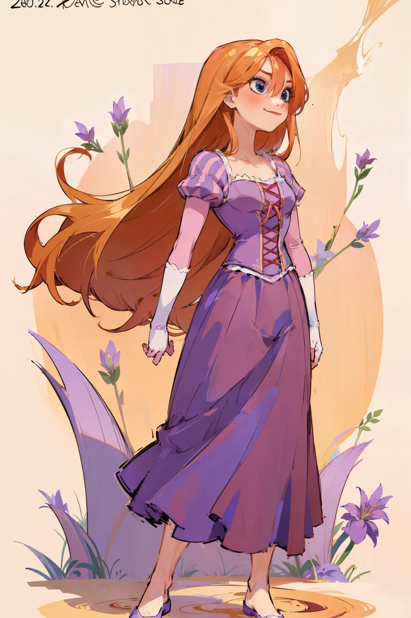 Fusion between Rapunzel from disney and Yotsuba Nakano, yotsuba nakano wearing rapunzel's dress, long long orange hair, red hair, pink hair, orange hair, extremely long hair, bangs, hair between eyes, green ribbon on hair, hair ribbon, blue eyes, athletic, muscular, purple rapunzel dress, Purple and pink Dirndl dress, lavender corset top, laced with a pink ribbon, long purple skirt decorated with swirl designs, in pink, dark purple and white, sleeves puffed and striped (pink and lavender), playful smile, smiling, cute, lovely, lovely expression, simply nature magical background, full body, standing up, good fusion, excellent character design, masterpiece, 4k, perfect anatomy, perfect face, perfect eyes, 1girl, solo, full body, 