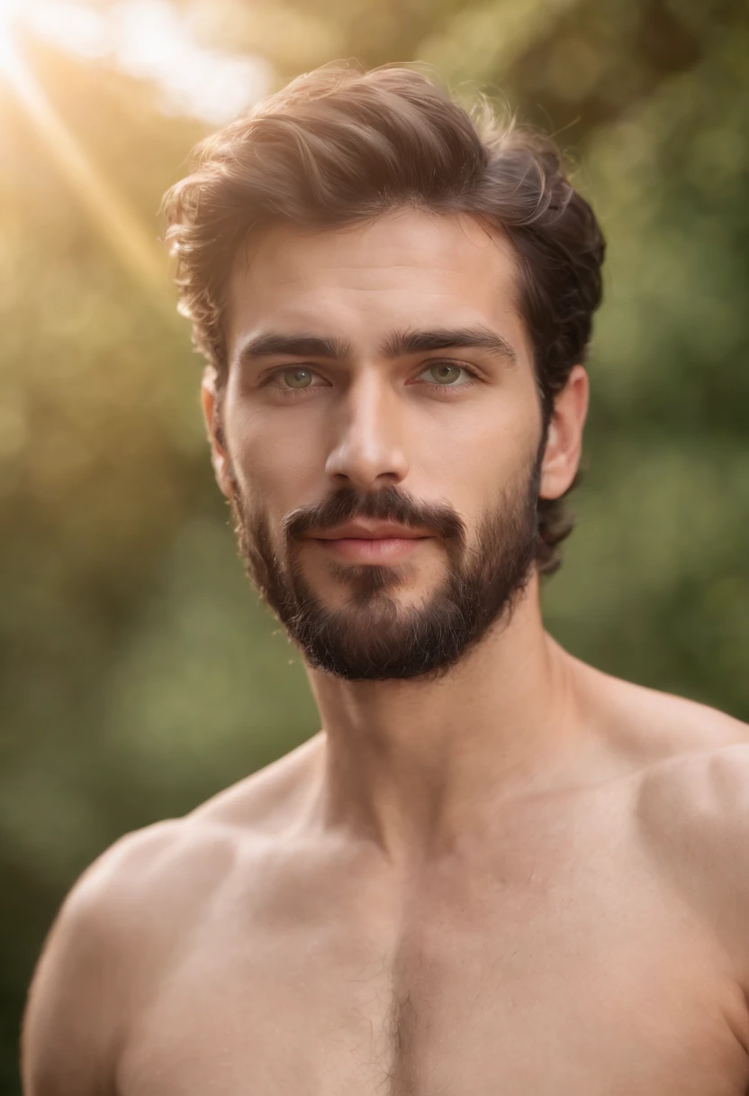 Realistic Handsome beard moustache Italian guy with green eyes, 8k masterpiece detailed eyes dark short curly hair realistic eyes shirtless in sunlight in garden full body underwear