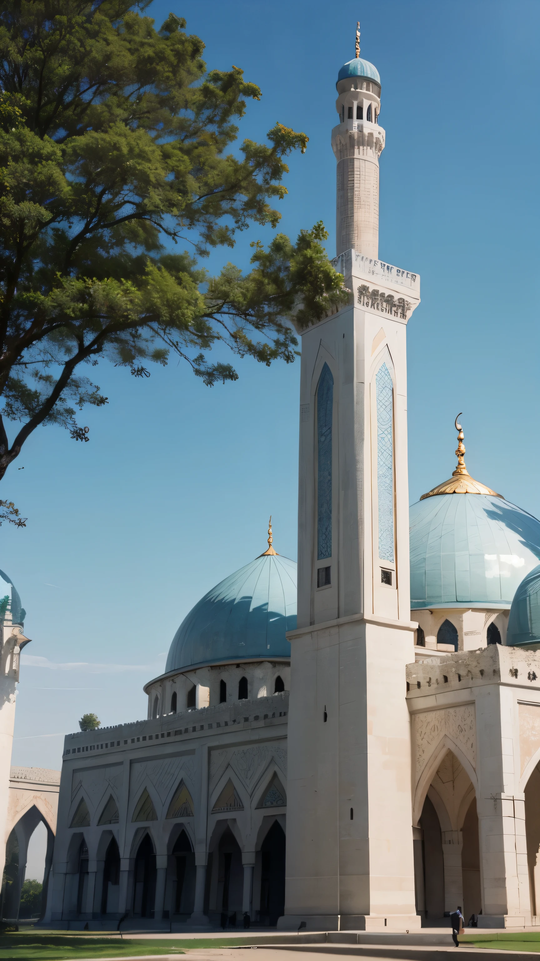 Mosque, beautiful mosque, exterior, tress, water, blues sky, huge mosque