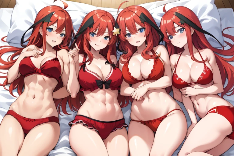 2d, masterpiece, best quality, anime, highly detailed, 5 girl, photo of 5 girl, quintuplets, nakano itsuki, red hair, long hair, star hair ornament, ahoge, large breasts, on all fours, bedroom, red bikini, outdoors, sexy body, perfect body, 5 identical sisters sleeping together in the same big bed, shoulder pillow, abs muscular, belly button, Eyes Tightly Closed