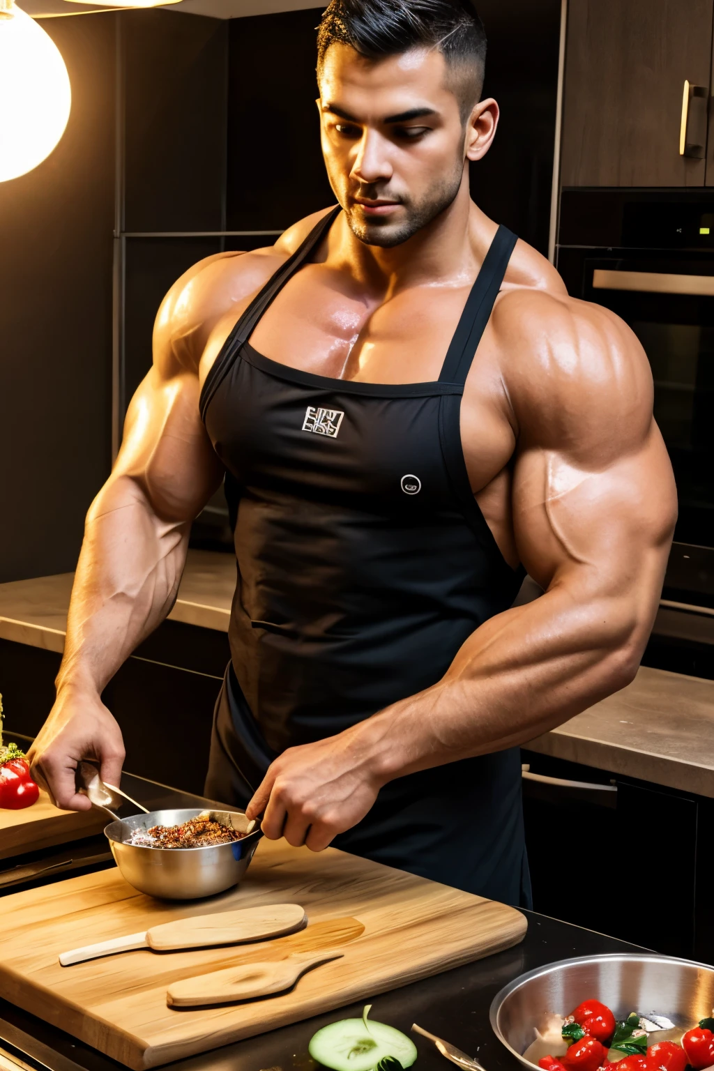 create a image of a bodybuilder cooking