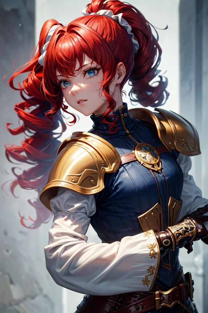 (8k, original photo, best quality, masterpiece:1.2), (Practical, photo-Practical:1.4), (Extremely detailed CG Unity 8K wallpaper), whole body (rogue:1.1) Women wearing gold jewelry (Leather Armor:1.3), Sew worn armor, (Extremely detailed:1.5), gold and (White:1.5), Concept art portrait,author:greg rutkowski, Type Germ, Super Fine、Intricate Gothic Art Trending on Artstation, fantastic, Intricate details, (Small blue highlights:1), (Red hair, curls, High Ponytail: 1.4)