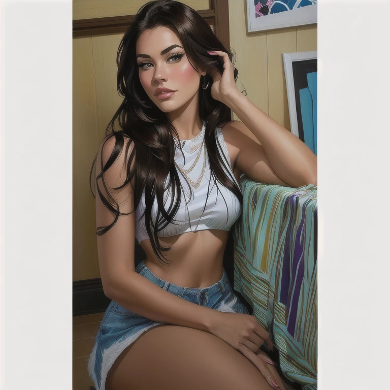 4k, Comic Babes, digital painting, there is a woman sitting on the floor with a cell phone, ayahausca, Alanis Guillen, sexy girl, realistic photo, Adriana Dxim, Hot, looks like fabiula birth, 18 years old, beautiful, pQuenteo taken in 2 0 2 0, beautiful, Latina skin, she is about 2 0 years old