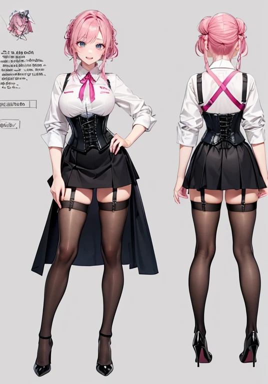 pink hair,updo hair,Adult female,Bartender,((Body harness)),((Rolling up your sleeves shirt)),(Corset),(Tight skirt),Garter belt,High heels,((Simple background)),Smile,((Full body)),((whole body)),Character Sheet,