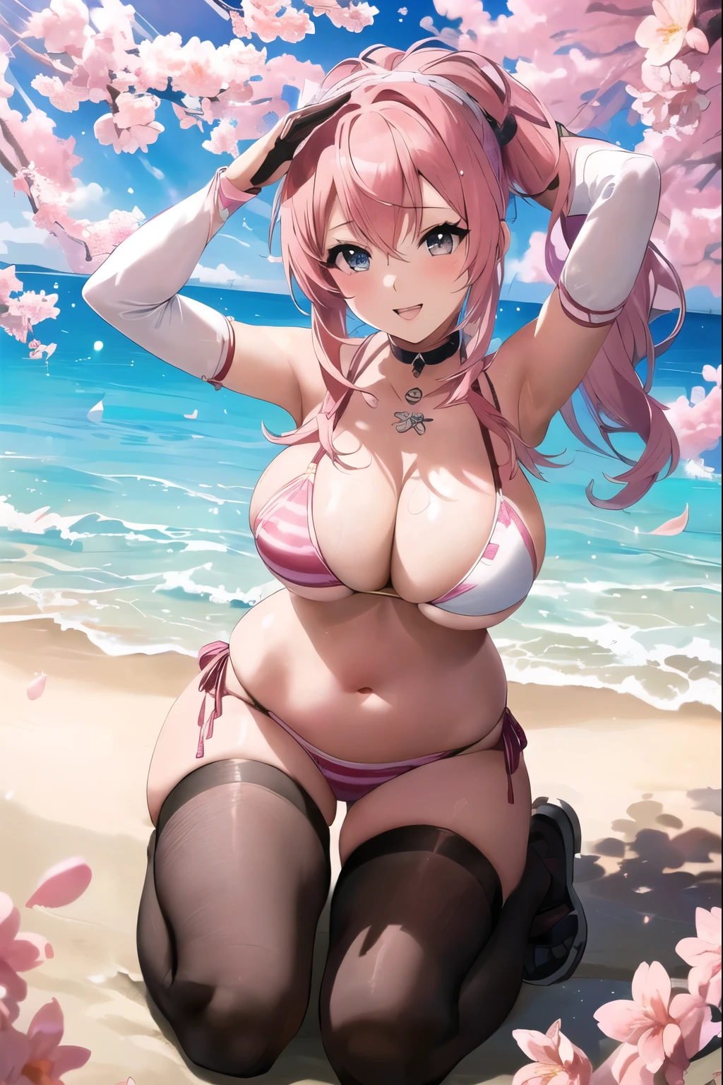 anime girl with pink hair and big breast sitting on the beach, seductive anime girl, best anime 4k konachan wallpaper, oppai, anime! 4k, anime! 4 k, haruno sakura, at the beach, beautiful alluring anime woman, guweiz, , 4k anime wallpaper, sakura kinomoto (BEAUTIFUL GIRL) (WELL-DETAILED EYES) :-)