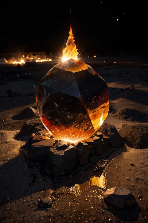 Create an ultra realistic image of crystals emerging from the ground bathed in water and illuminated by fire, reflecting the cosmos in its facets with precise details of the planets and stars