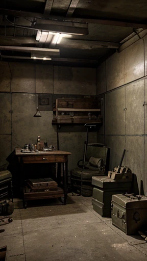 an underground military shelter, with a ladder leading to the ceiling, a table full of weapons, ammunition, equipment, a large old radio, World War II