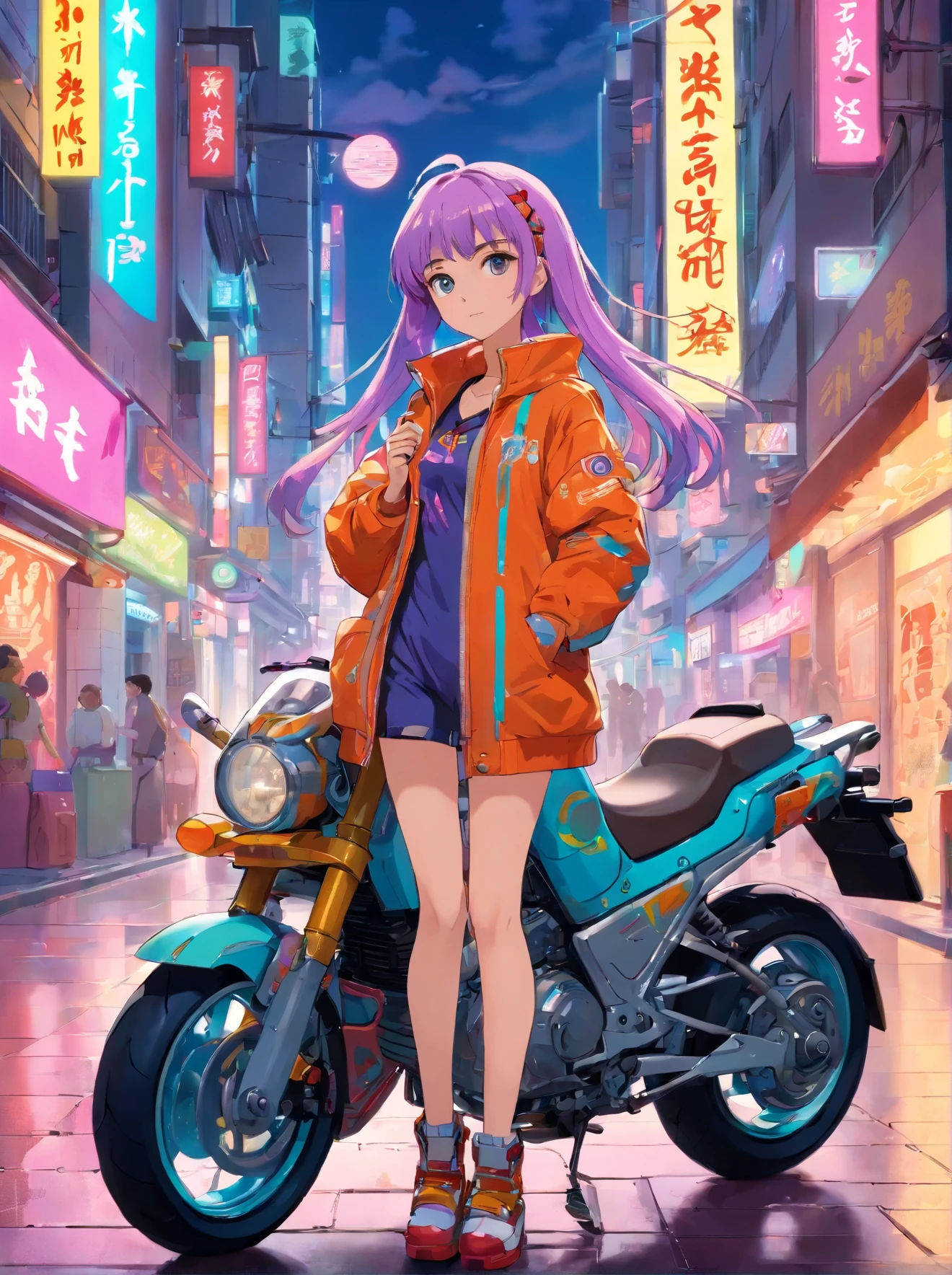 masterpiece, best quality, Confident cyberpunk girl, full body shot, ((standing in front of motorcycle)), Harajuku-inspired pop outfit, bold colors and patterns, eye-catching accessories, trendy and innovative hairstyle, vibrant makeup, Cyberpunk dazzling cityscape, skyscrapers, neon signs, LED lights, bright and vivid color scheme, anime, illustration, detailed skin texture, detailed cloth texture, beautiful detailed face, intricate details, ultra detailed.