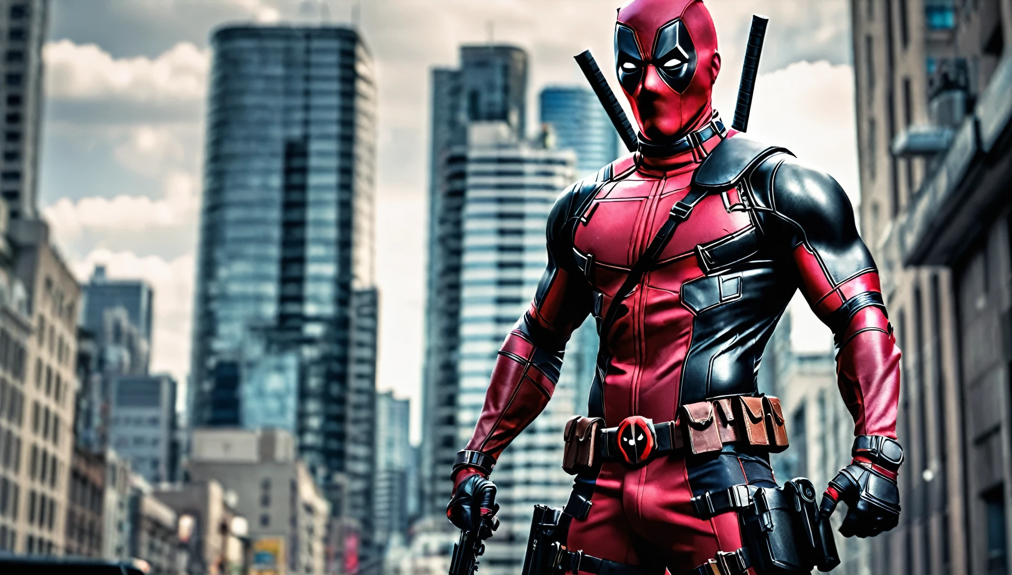 Marvel anti hero Deadpool, with 2 pistol holstered, nice biceps and abs, in city background, UHD, HDR effect, detailed prominent dick bulge in crotch area, well lit crotch area. Well lit cinematic effect, full body shot, sexy pose.