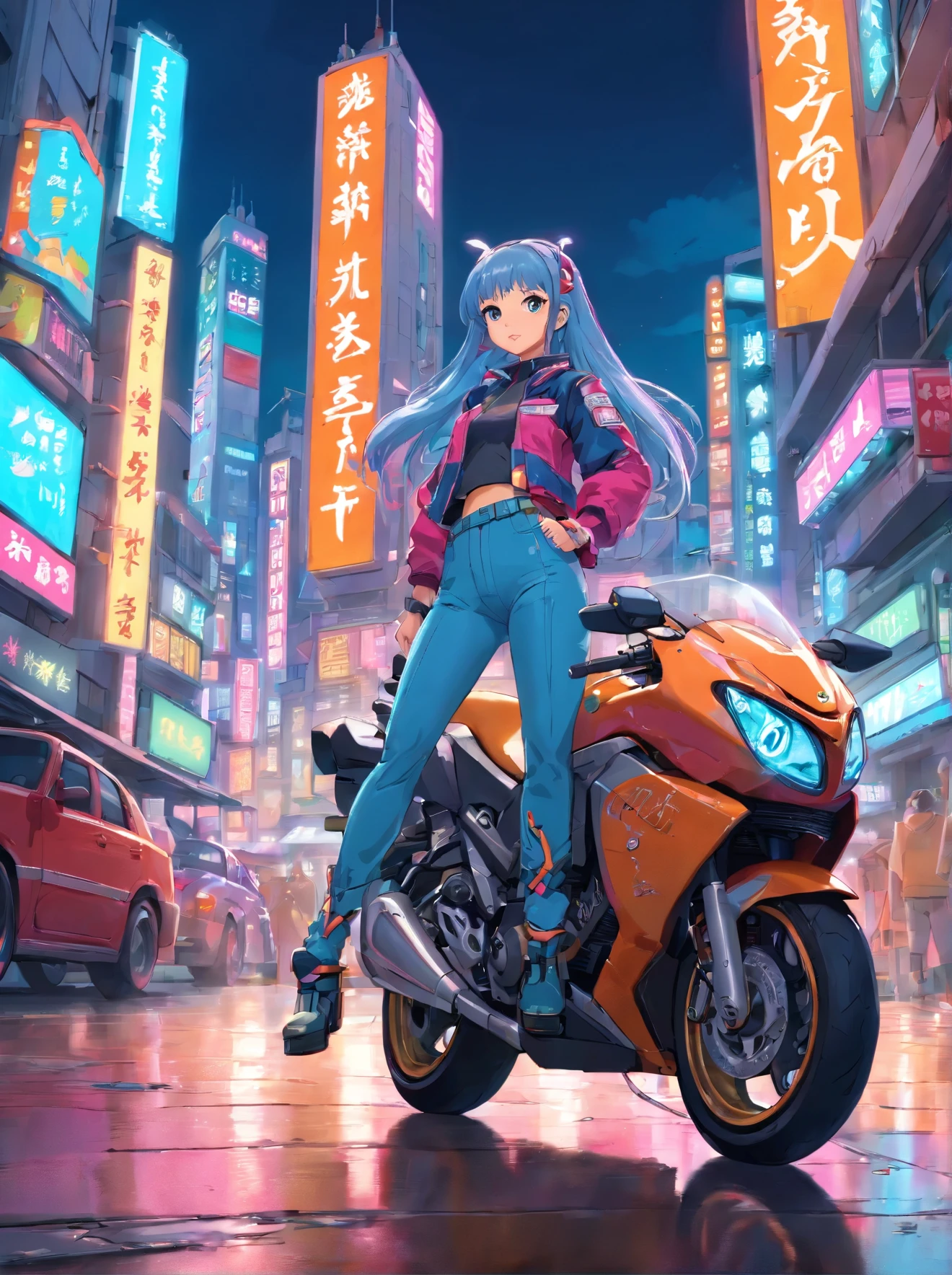 masterpiece, best quality, Confident cyberpunk girl, full body shot, ((standing in front of motorcycle)), Harajuku-inspired pop outfit, bold colors and patterns, eye-catching accessories, trendy and innovative hairstyle, vibrant makeup, Cyberpunk dazzling cityscape, skyscrapers, neon signs, LED lights, bright and vivid color scheme, anime, illustration, detailed skin texture, detailed cloth texture, beautiful detailed face, intricate details, ultra detailed.