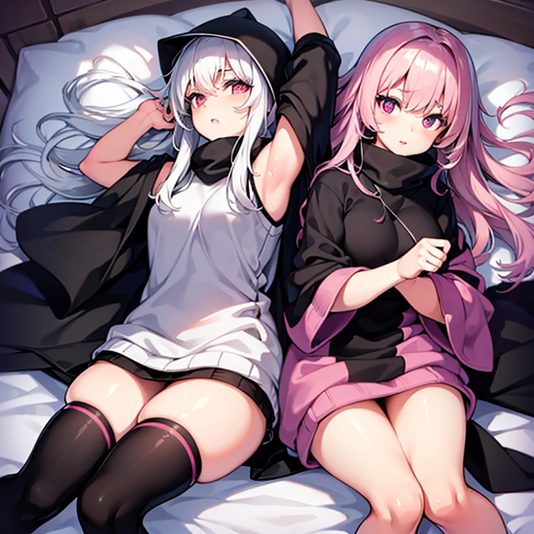 Super high quality, Super high quality, Super good, Two-tone black and white hair, Pink eyes, Plump lips, Cute, Futon, Wrapped in a comforter, Wrapped in a comforter, Hiding under a comforter, Wrapped in a blanket, Wrapped in a blanket, Wrapping a blanket on, Wrapped in a blanket on, Bet, upturned eyes,wearing blanket-like clothes,wearable blanket on, Get under the comforter