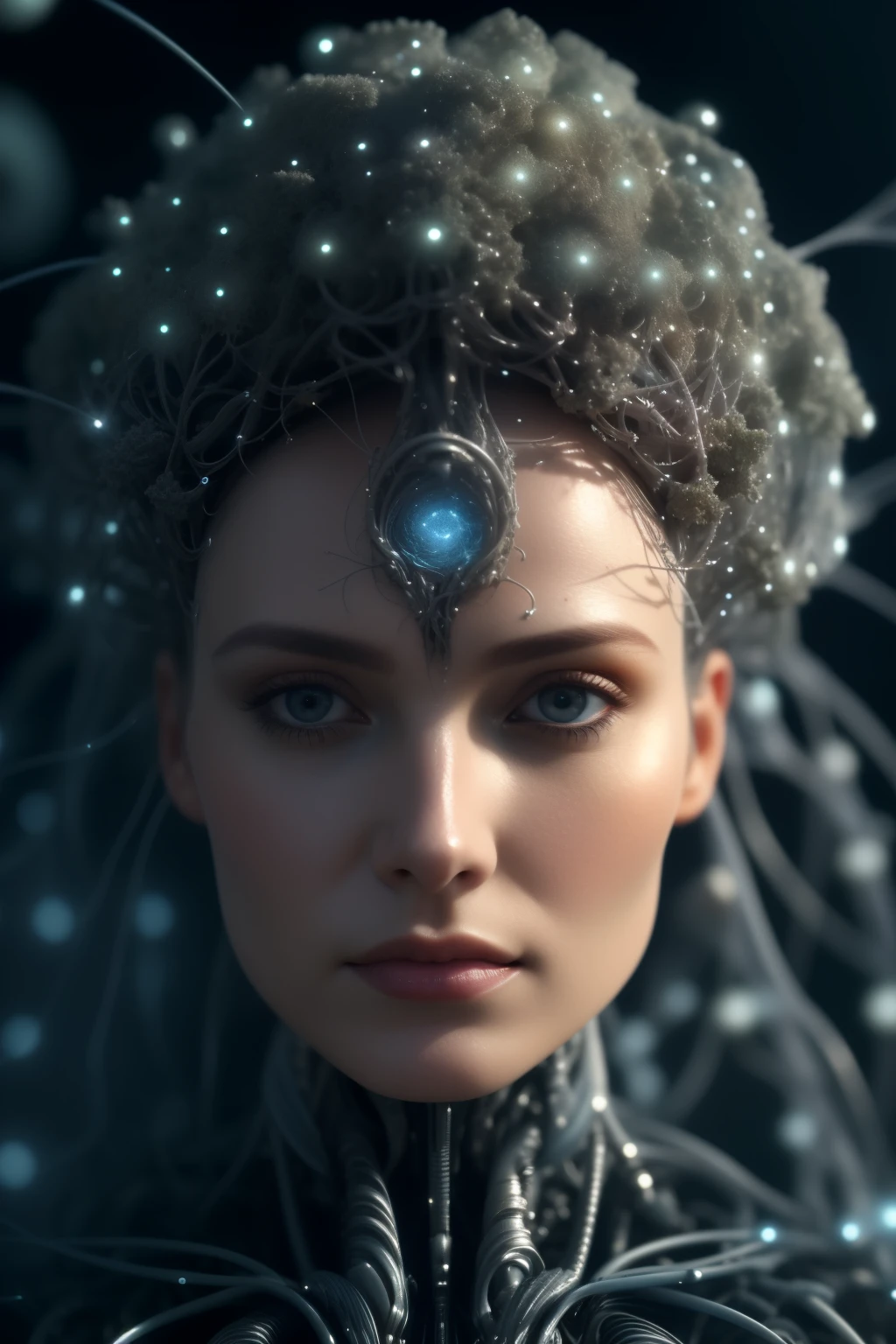 mj, cinematic close up photo of an ethereal neural network organism, divine woman, anatomical face, biomechanical details