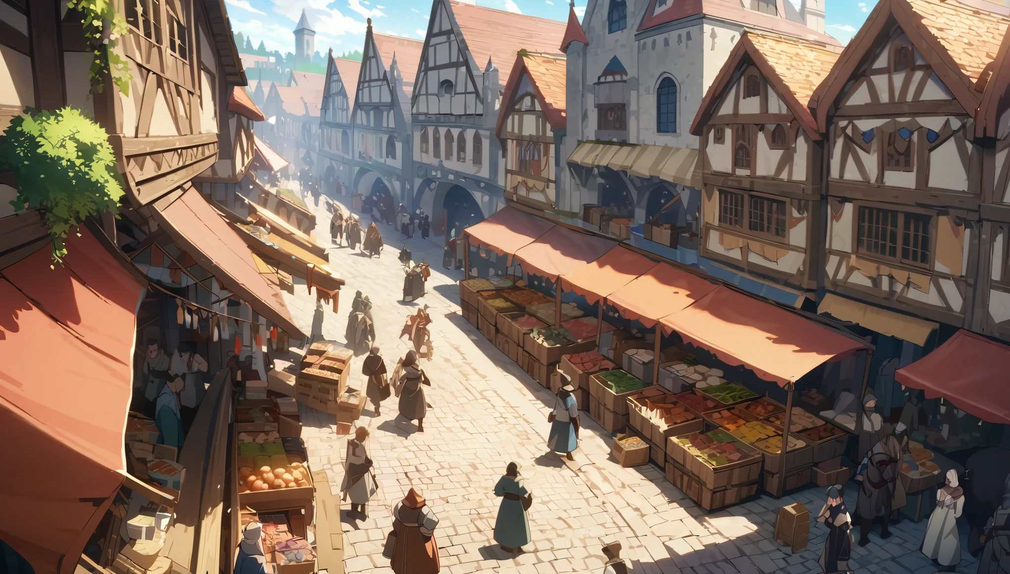 anime scene, beautiful market, daytime, bright day, peaceful atmosphere, busy medieval market, central street, fantasy anime, Ghibli-like colours, depth of field, wide shot, from above, highres, best quality, 4K, high quality, award winning, masterpiece