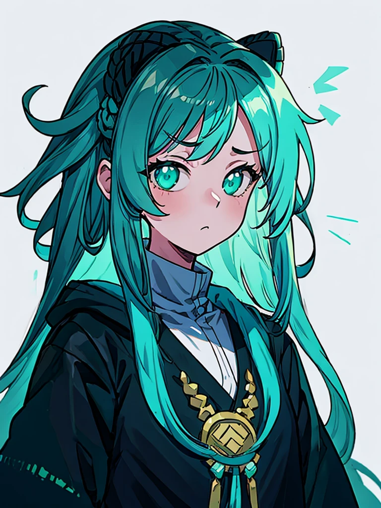 a drawing of a girl with mint hair, turquoise hair, trending at cgstation, black oversized clothes, striking artstyle, fashion reference sheet, inspired by Nara Yoshitomo, oversized hoodie, , by An Zhengwen, ager girl, by Xiao Yuncong, concept sketch-art, manga art, neo-figurative, realistic anime style at pixiv