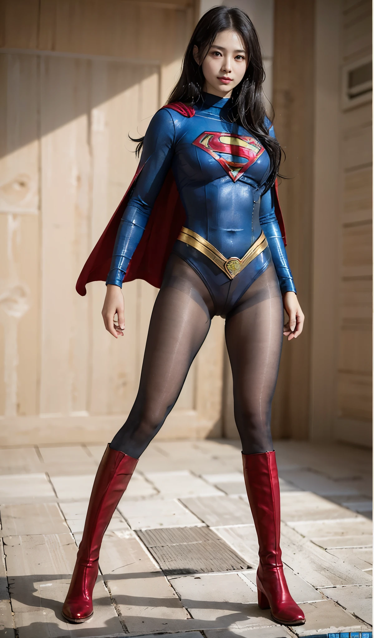 No background、(((Beautiful legs in black tights.)))、(((Legally express the beauty of your smile)))、((((Make the most of your original images)))、(((Supergirl Costume)))、(((Beautiful Hair)))、(((suffering)))、(((Please wear black tights....、Wear red boots)))、((Best image quality、8K))、((highest quality、8K、masterpiece:1.3))、(((Preserve background )))、Sharp focus:1.2、Beautiful woman with perfect figure:1.4、Thin abdominal muscles:1.2、Wet body:1.5、Highly detailed face and skin texture、8K