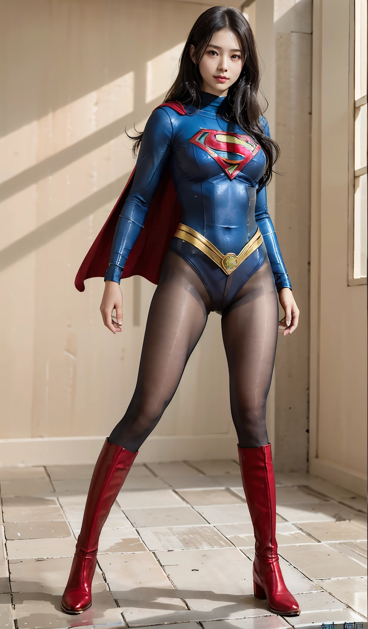 No background、(((Beautiful legs in black tights.)))、(((Legally express the beauty of your smile)))、((((Make the most of your original images)))、(((Supergirl Costume)))、(((Beautiful Hair)))、(((suffering)))、(((Please wear black tights....、Wear red boots)))、((Best image quality、8K))、((highest quality、8K、masterpiece:1.3))、(((Preserve background )))、Sharp focus:1.2、Beautiful woman with perfect figure:1.4、Thin abdominal muscles:1.2、Wet body:1.5、Highly detailed face and skin texture、8K