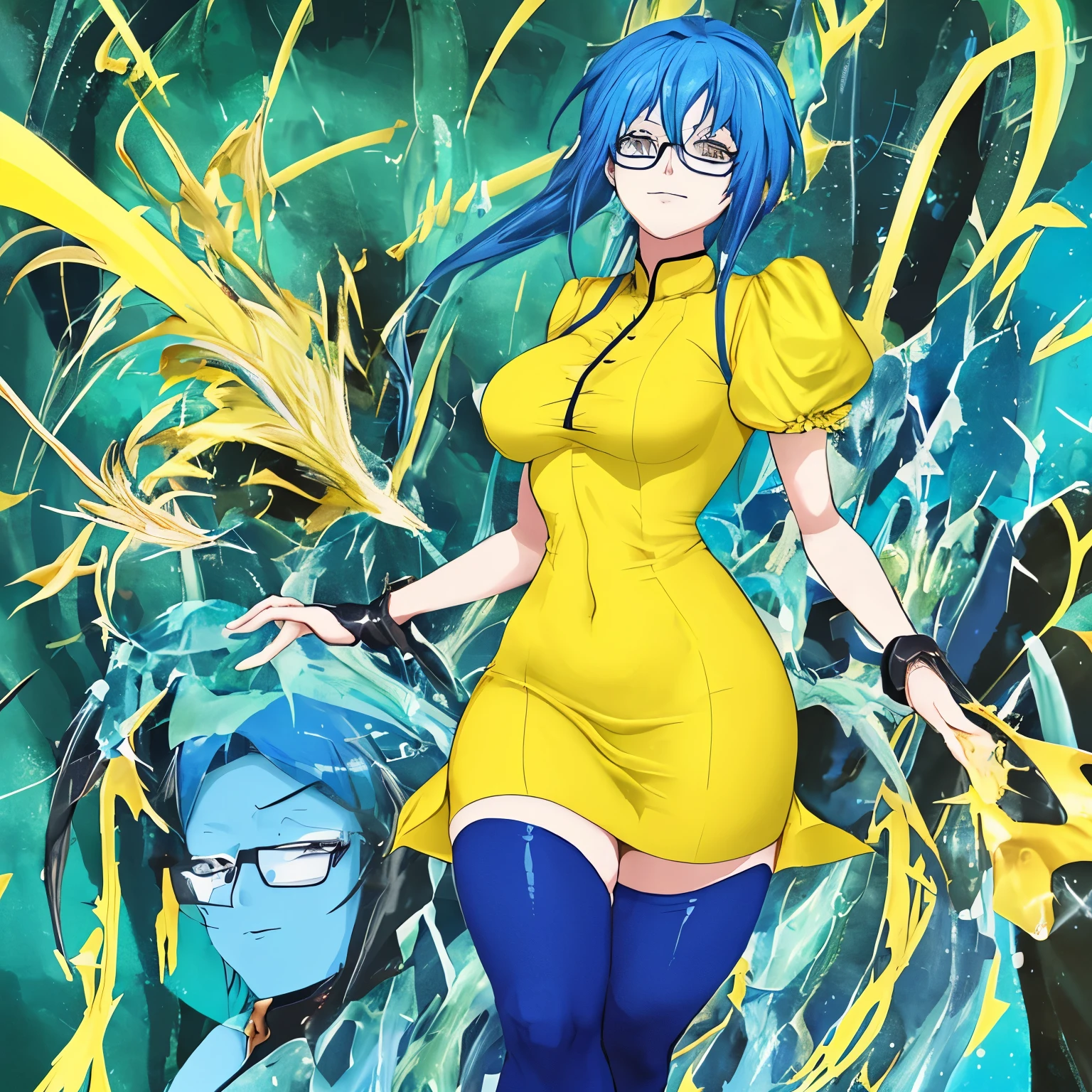 Anime woman with blue hair and glasses in a yellow skin-tight dress